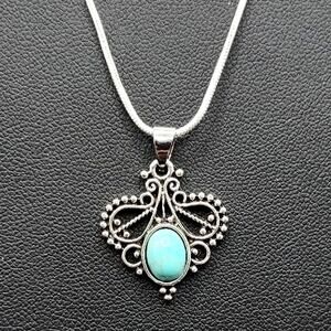 925 Silver Necklace w/ Turquoise Heart Vine Pendant Women's Vintage Boho Gift